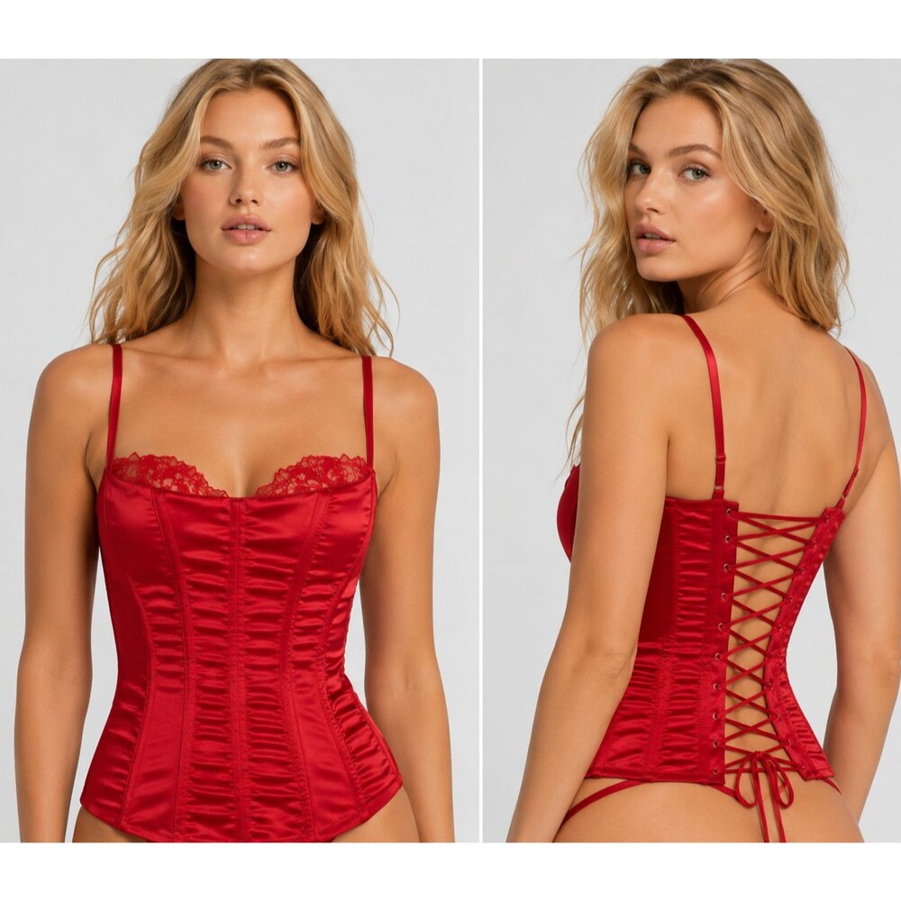 Victoria's Secret Sexy Red Satin Lace Up Corset Top Garters XS NWT Bustier Y2K